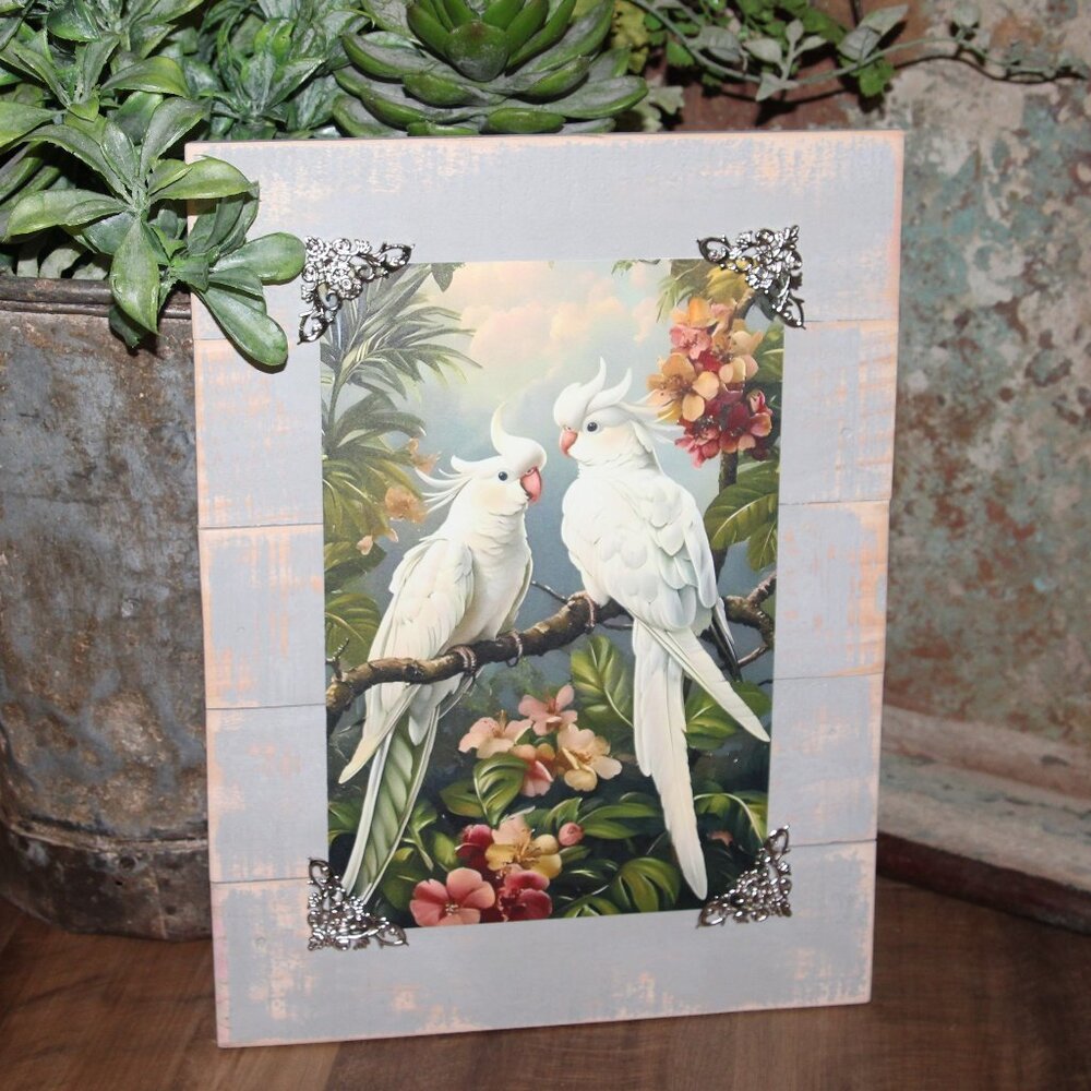 NEW Shabby Colorful White Cockatoo Bird & Tropical Floral Wall Decor Art